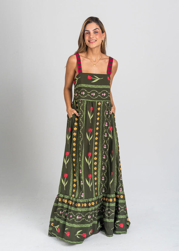 Vestido Largo Estampado Verde - Serenidad