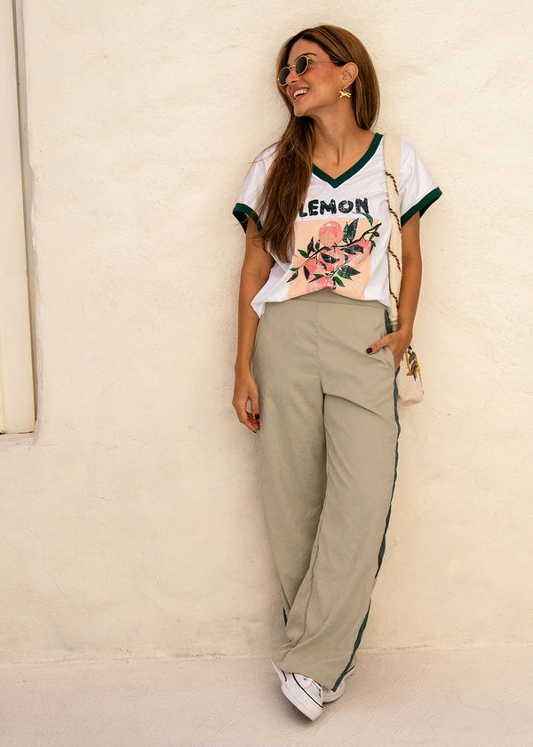 Pantalón Tiro Medio con Corte Lateral Verde - Donatella